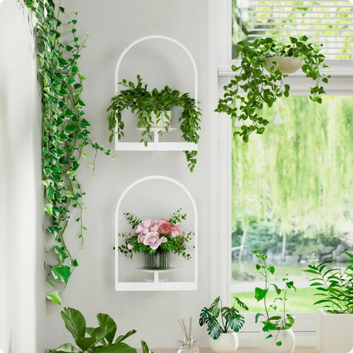 Vista 12 de Soporte para plantas de pared de metal negro, paquete de 2 soportes para plantas montados en la pared y soportes colgantes para macetas
