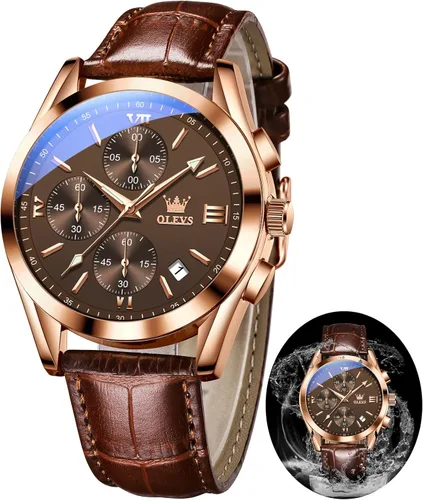 Vista 7 de OLEVS Watch Men Leather Chronograph Waterproof Luxury Dress Analog Quartz Azul