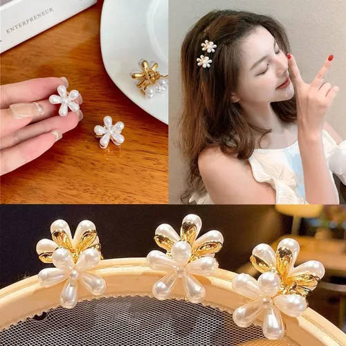 Vista 6 de 10 pinzas pequeñas de perlas para el cabello para mujeres y niñas, diseño de garra de flor de perla, accesorios decorativos para el cabello
