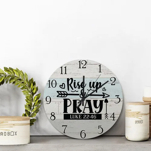 Vista 2 de Scripture - Reloj de pared de madera de 15 pulgadas, funciona con pilas, reloj silencioso de elevación y oración, arte de pared de fe religiosa