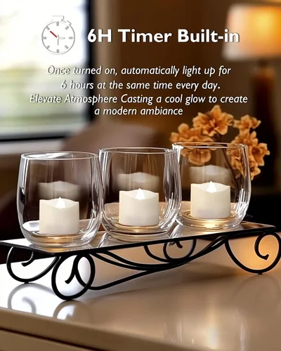 Vista 2 de Homemory Velas de té con temporizador que funcionan con pilas, temporizador de 6 horas integrado, encendido automático diario, velas votivas LED sin