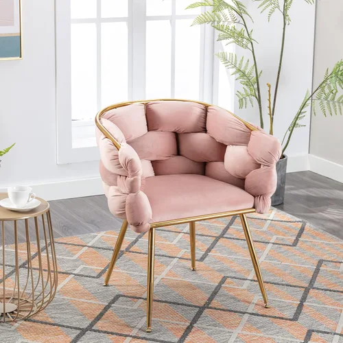 Vista 2 de Juego de 2 sillas simples de terciopelo de lujo, silla de acento moderna, taburete de tocador para dormitorio, hogar, mesa de manicura (rosa)