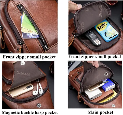 Vista 6 de BULLCAPTAIN Bolso bandolera para hombre con puerto de carga USB, de piel auténtica, para el pecho, mochila de viaje y senderismo