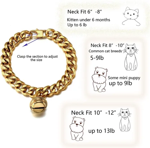 Vista 4 de Gargantilla ancha de acero inoxidable para gatos y perros, de oro de 18 quilates, ajustable, a prueba de mordidas, eslabones cubanos de 1/2 pulgada
