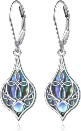 Vista 38 de Aretes colgantes de filigrana de plata de ley 925, margarita, loto, flor de rosa, piedra lunar, lágrima para mujer, nudo celta infinito, margarita