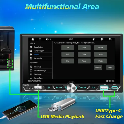 Vista 6 de Estéreo doble DIN para automóvil con pantalla táctil de 6.8 pulgadas con Apple CarPlay y Android Auto, control físico de perilla, Bluetooth 5.0