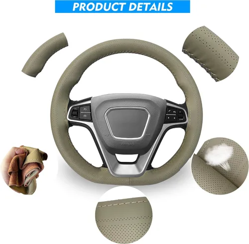 Vista 3 de Carodi Funda de volante de piel, diseño transpirable y antideslizante, sensación suave y cómoda, universal, 15 pulgadas, para auto, con costura Beige