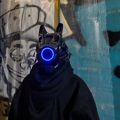 Vista 2 de Techwear - Máscara punk, máscara de samurái con luz LED, máscara de anime para cosplay de Halloween