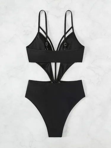 Vista 4 de MakeMeChic Traje de baño monokini de una pieza con inserción de malla recortada para mujer