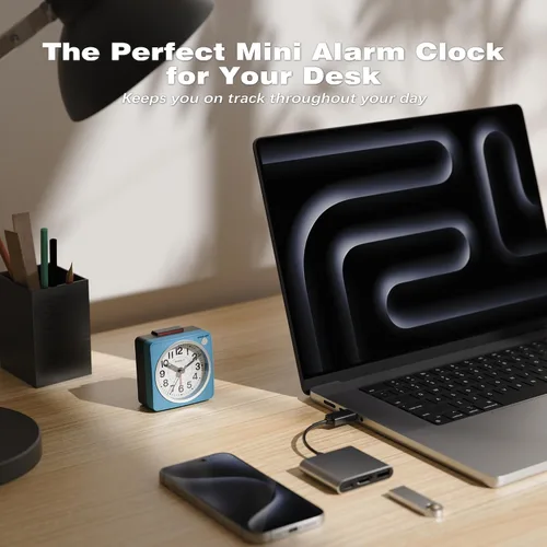 Vista 4 de AYRELY® Reloj despertador analógico de viaje ultra pequeño de 2.6 x 1.4 pulgadas, silencioso, sin tictac, con repetición y luz, reloj retro de Azul