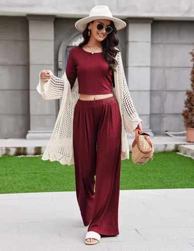 Vista 5 de Ekouaer Conjunto de descanso de 2 piezas para mujer, camiseta corta de punto acanalado, pantalones de pierna ancha con bolsillos S-XXL
