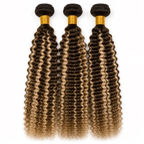 Vista 2 de P4613 Cabello humano rizado onda profunda marrón y paquetes mixtos 8 10 12 P4613 Ombre Marrón-Rubio-DP