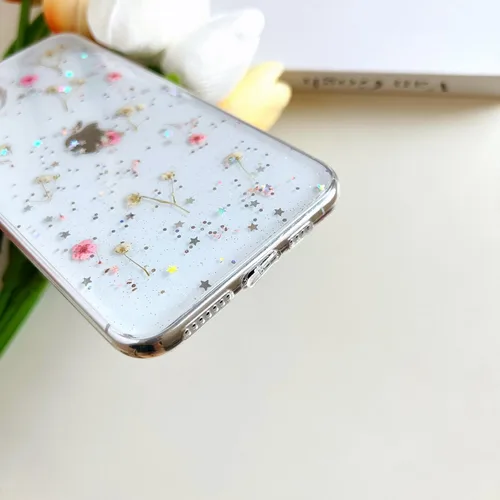 Vista 6 de LSEEKA Funda transparente para iPhone 11 con diseño de flores prensadas reales, linda y brillante, patrón floral rosa, funda protectora delgada