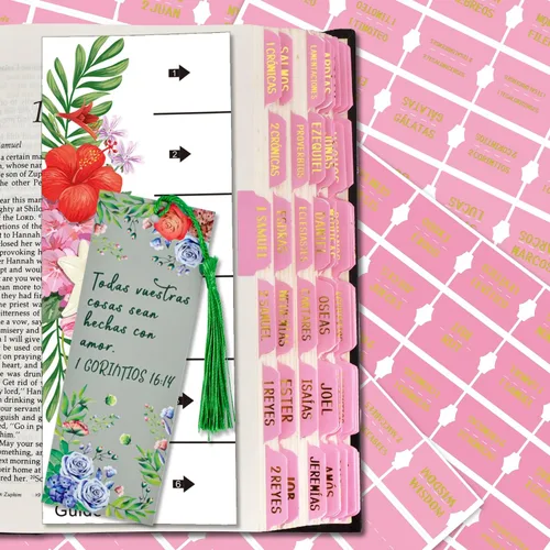 Vista 8 de Pestañas de índice de la Biblia católica española, pestañas del Nuevo y Antiguo Testamento, diseño floral laminado mate, suministros de diario