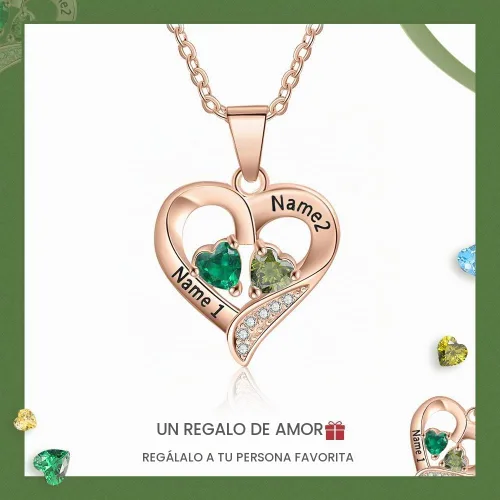 Vista 4 de Love Jewelry - Collar de Plata de Ley Personalizado con 2 Nombres y 2 Corazones de Piedra de Nacimiento Simulada para Pareja, Colgante para Mujer