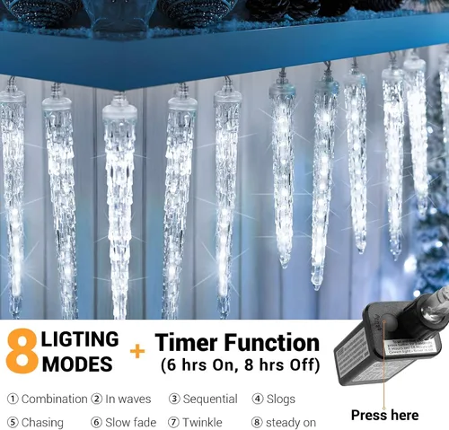 Vista 3 de Toodour Luces de carámbano de Navidad para exteriores, 20 tubos de 90 luces LED de carámbano con 8 modos, cadena de luz de cristal para interiores