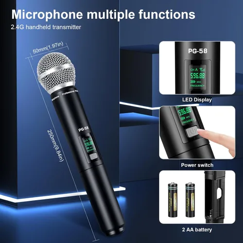 Vista 7 de GDPONRM Sistema de micrófono UHF inalámbrico, con 2 dispositivos de mano, escaneo automático, frecuencias UHF de 2 x 50, rango de 200 pies