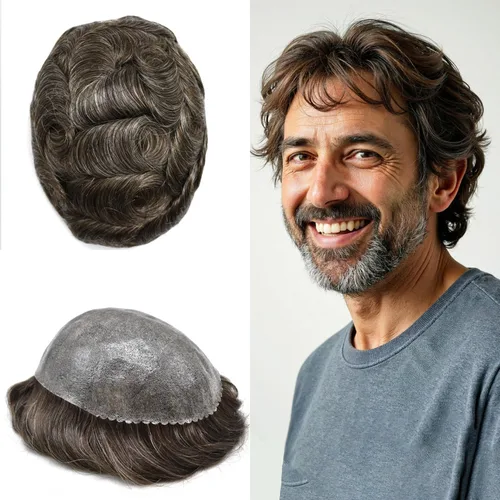 Vista 273 de Toupee para hombre 100% cabello humano real tupé para hombres 0.004 in piel de poliuretano para hombre, sistema de reemplazo de piezas de pelo