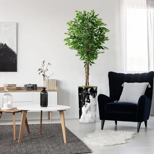 Vista 16 de Árbol artificial en macetero contemporáneo con efecto de granito, palmera tropical areca artificial de seda para decoración del hogar en interiores