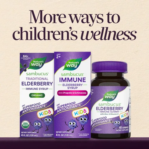 Vista 8 de Nature's Way Sambucus - Jarabe inmunológico de saúco para niños con equinácea y propóleos, apoyo inmunológico*, sabor a bayas, 4 onzas líquidas