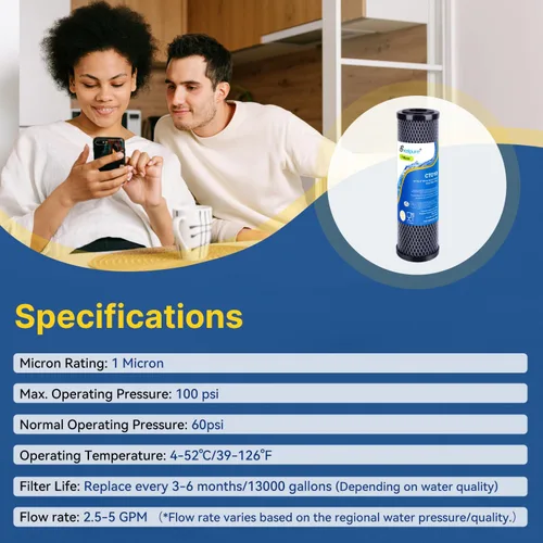 Vista 9 de EXCELPURE Cartucho de repuesto de filtro de agua de carbono CTO de 1 micra, 25,4 x 6,3 cm, para sistema de filtro de agua de encimera para el hogar