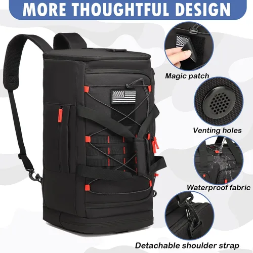 Vista 5 de Bolsa de gimnasio para hombres y mujeres con compartimento para zapatos y laptop, bolsa de viaje deportiva 3 en 1, Negro + rojo, Modas
