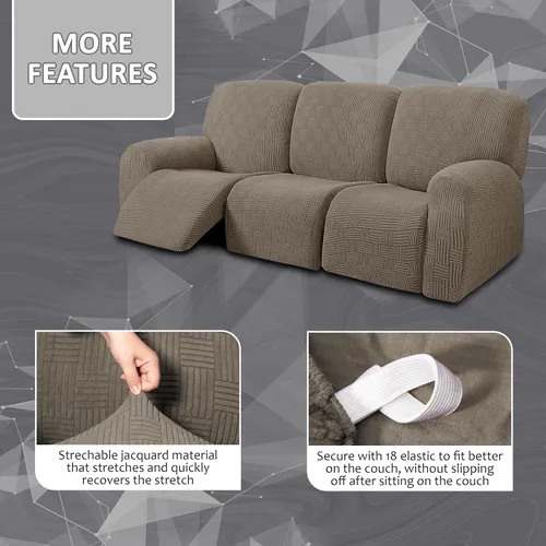 Vista 3 de ULTICOR - Juego de 8 fundas para sofá reclinable de jacquard, fundas elásticas para sofá reclinable para 3 cojines, gruesas, suaves, lavables