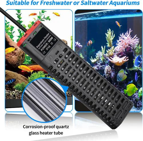 Vista 5 de Calentador de acuario de 800 W sumergible para pecera con tubos de cuarzo dobles y controlador de temperatura de pantalla LED para 80-220 galones