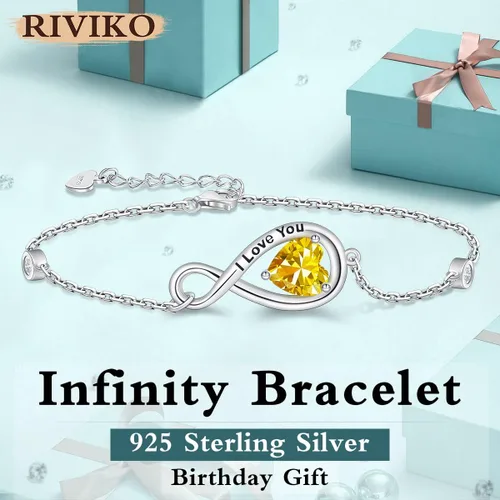 Vista 3 de RIVIKO Pulsera con símbolo de corazón infinito para mujer, pulseras grabadas de plata de ley 925 con circonita, eslabones ajustables, cumpleaños