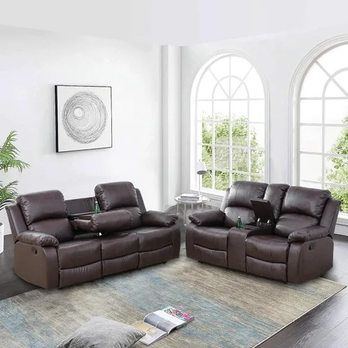 Vista 8 de Juego de sofá reclinable manual, muebles de cuero regenerado para sala de estar, sofás reclinables de cuero con portavasos, consola