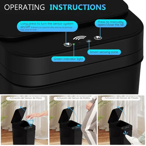Vista 4 de jinligogo Paquete de 3 cubos de basura pequeños para baño con tapa, 2.6 galones, sin contacto, automático, delgado, impermeable, sensor