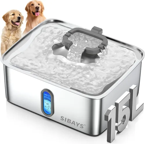 Vista 9 de SIBAYS Fuente de agua grande para perros de 4 galones/15 L, fuente de agua para mascotas de acero inoxidable con ventana de nivel de agua y luz LED