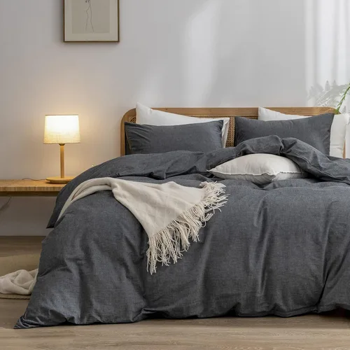 Vista 31 de BESTOUCH Juego de funda de edredón 100 % algodón lavado, tacto súper suave, cómodo, elegante, ligero, juego de ropa de cama de 2 piezas, color gris