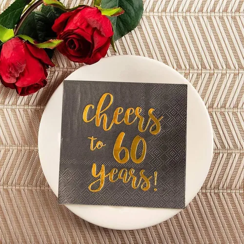 Vista 3 de BLUE PANDA Servilletas de cóctel con texto en inglés «Cheers to 60 Years» – Servilletas de fiesta de 60 cumpleaños – Decoración de 60 aniversario