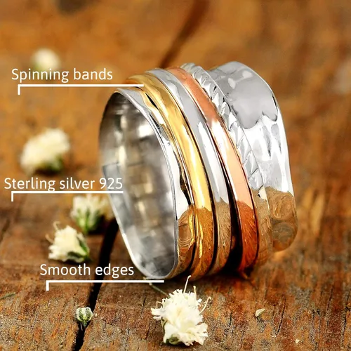 Vista 4 de Boho-Magic Anillo giratorio para mujer, plata de ley 925, con cobre y latón, anillos de plata