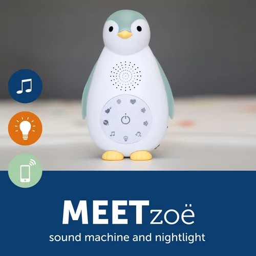 Vista 6 de ZazuKids - Máquina de sonido portátil y luz nocturna, chupete de sonido azul con altavoz Bluetooth, diseño de pingüino Zoe, para bebés y niños