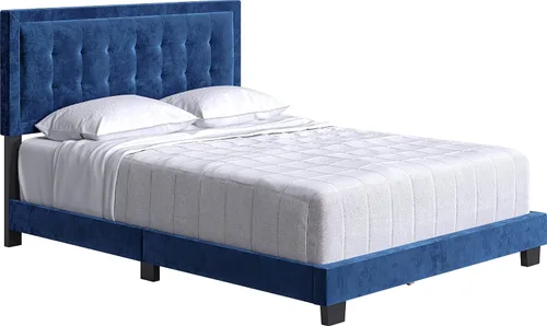 Vista 9 de Boyd Sleep Pisa - Base de cama de terciopelo azul tamaño Queen totalmente tapizada con cabecero ajustable, no requiere somier, fácil montaje, sin