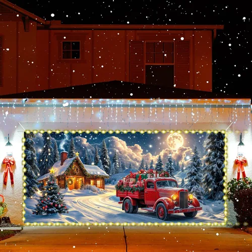 Vista 4 de Cubierta de puerta de garaje de Navidad de 6 x 8 pies, Papá Noel, retro, camión, nieve, árbol de Navidad, decoración de puerta de garaje, decoración