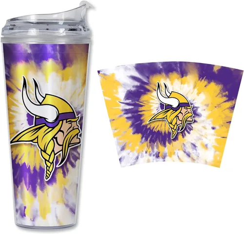 Vista 53 de Rico Industries NFL Football Glitter 24 onzas Vaso de purpurina acrílico con tapa con bisagra, Vaso de doble pared oficialmente licenciado con pajita