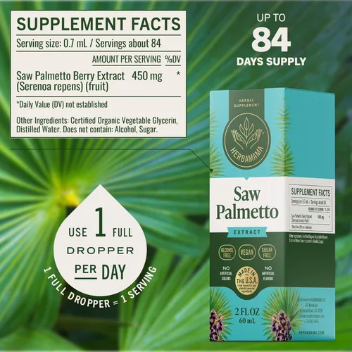 Vista 3 de HERBAMAMA Saw Palmetto Extract - Suplemento de hierbas para el cabello y la salud urinaria - Fórmula de bienestar diario para hombres y mujeres