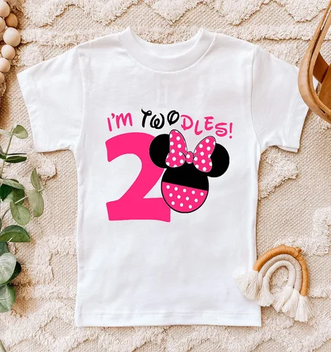 Vista 2 de Twodles - Camiseta de cumpleaños de Minnie para niñas pequeñas, traje de segundo y tercer cumpleaños