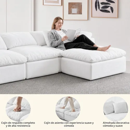 Vista 9 de Sofá modular de nube sin hueso de 110 pulgadas para sala de estar, sofá modular en forma de L de gran tamaño con otomana, sofá seccional de felpilla