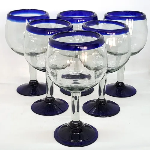 Vista 9 de Copas de agua con borde azul cobalto de 11 onzas (juego de 6), vidrio reciclado, sin plomo, sin toxinas (copa curvada de 11 onzas)