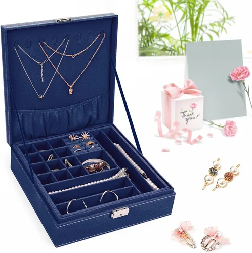Vista 7 de MOSISO Joyero organizador apilable de doble capa con cerradura para mujeres, collar de terciopelo, aretes, pulsera, anillo y broche, color azul