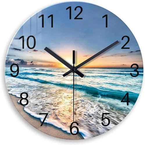 Vista 11 de Reloj de pared de playa con pilas, reloj de pared de vidrio de 12 pulgadas, analógico, sin tictac, relojes de pared azules para dormitorio, sala