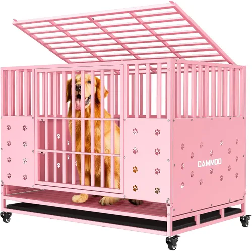 Vista 10 de Cammoo Jaula resistente de 48 pulgadas para perros grandes, paneles mejorados a prueba de masticación, panel de suelo ampliado con comodidad