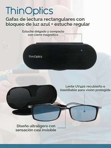 Vista 7 de ThinOptics Frontpage - Gafas de lectura para computadora con bloqueo de luz azul y funda de aluminio Milano, Rectángulo/negro