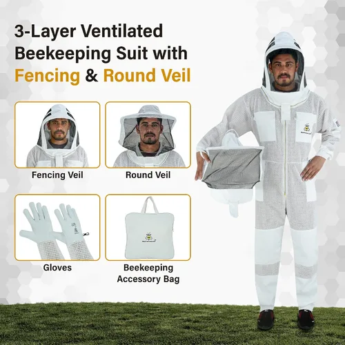 Vista 2 de BeeProGear 3-Layer Ventilated Mesh Beekeeping Suit for Men & Women - Sting Proof Full Body Suit with 2 Veils, Gloves & Bag