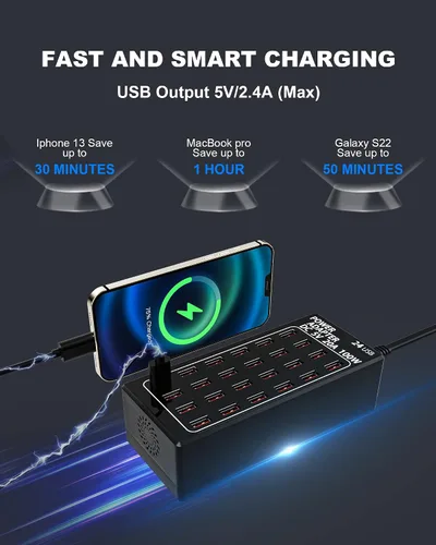 Vista 3 de Cinlinso - Estación de carga USB, 24 puertos 100 W (20 A), cargador rápido USB multipuerto con detección inteligente para teléfonos inteligentes