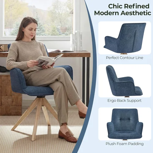 Vista 4 de Zouron Silla de escritorio giratoria sin ruedas, silla de oficina tapizada con patas de madera de roble, sillón moderno para espacios pequeños